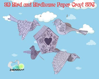 3D Bird & Birdhouse Paper Craft: Kids DIY Coloring Activity (SVG)
