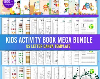 May include: A collection of children's activity books and workbooks. The image features colorful covers with titles like "Alphabet," "Coloring," and "Preschool." The text "KIDS ACTIVITY BOOK MEGA BUNDLE" is prominently displayed, along with "US LETTER CANVA TEMPLATE."
