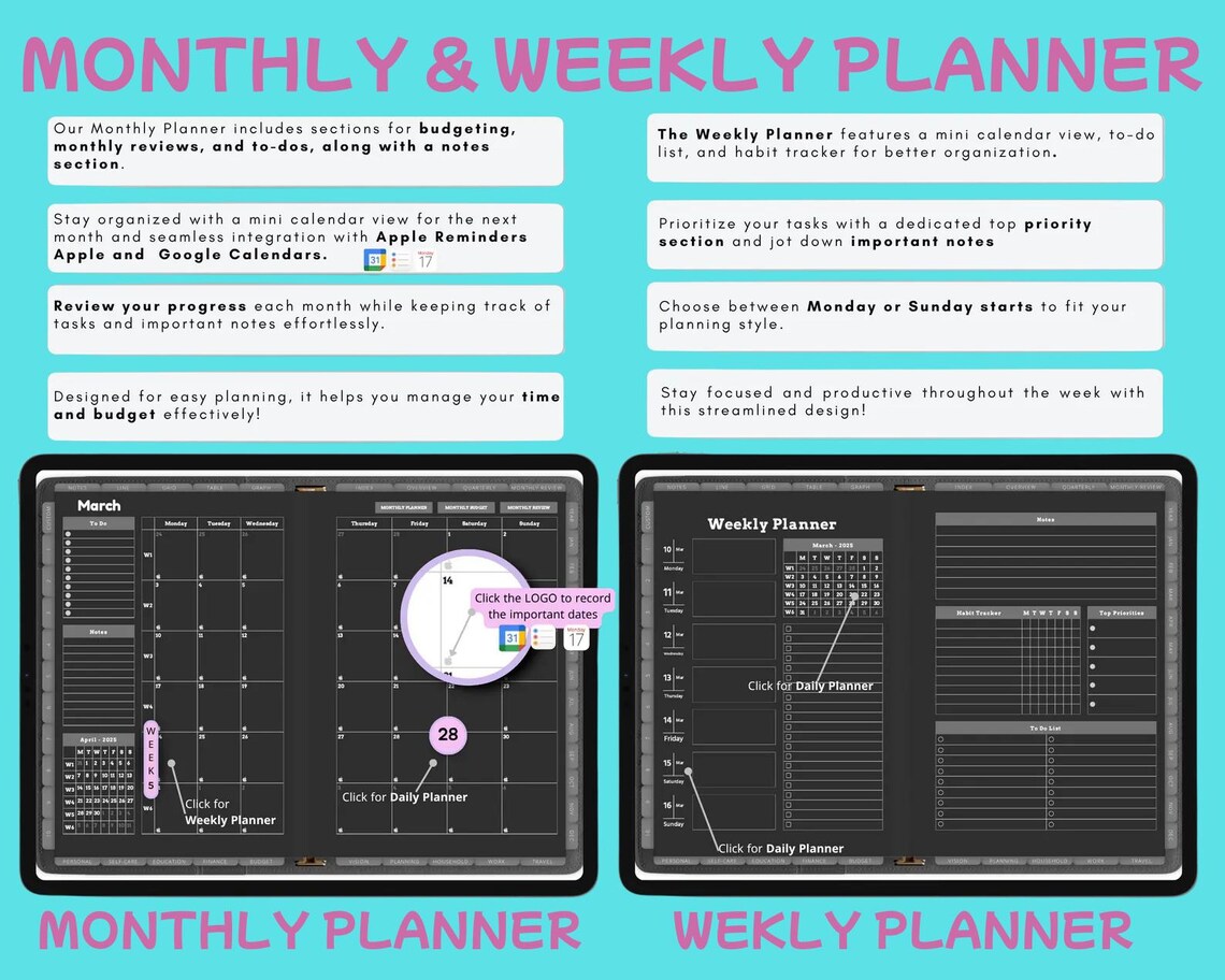 Dark Mode Digital Planner 2025-2027: Goodnotes & Notability Compatible ...
