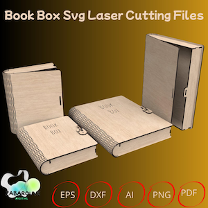 Puede incluir: Cuatro cajas de libros de madera con diseños cortados con láser. Las cajas son de varios tamaños y orientaciones, con el texto "BOOK BOX" en las cubiertas. La imagen también incluye el texto "Book Box Svg Laser Cutting Files" e iconos de tipo de archivo.