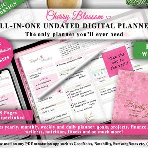May include: Digital planner with a pink floral theme, featuring a tablet, phone, and notebook. The planner includes sections for daily tasks, goals, and notes. Text includes "Cherry Blossom," "All-in-One Undated Digital Planner," and "Free Widgets."