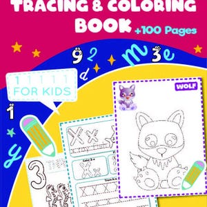 Puede incluir: Un colorido libro de actividades para niños titulado "LETTER & NUMBER TRACING & COLORING BOOK +100 Pages". La portada presenta páginas para trazar y colorear con números, letras e ilustraciones de animales. Incluye el texto "FOR KIDS".