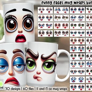 Może przedstawiać: Zestaw 30 drukowanych wzorów na okładki kubków z zabawnymi kreskówkowymi twarzami o różnych wyrażeniach. Wzory są dostępne w 60 plikach dla kubków o pojemności 11 i 15 uncji.