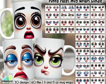 Cartoon Face Mug Wrap Bundle – 60 Funny Sublimation PNGs for Coffee Mugs