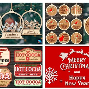 May include: A collection of Christmas ornaments and signs. Includes personalized wooden ornaments with names and dates, round ornaments with cardinal designs, and vintage-style signs for hot cocoa and sleigh rides. A red background with white text says "Merry Christmas and Happy New Year."