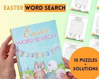 Może przedstawiać: Niebieska i biała książka z tytułem "Easter Word Search" i uroczą ilustracją królika na okładce. Książka zawiera 10 łamigłówek i rozwiązań.