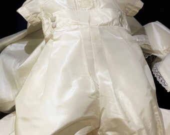 Hand made  romper with 100% silk and  embellished with hand embroidery for christening, blessing, baptism.