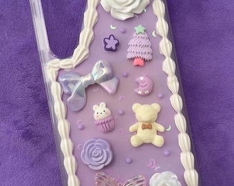 Kawaii Purple Decoden Phone Case for Samsung Galaxy S23+ | OtterBox | Handmade Cute Whipped Cream Case | Soft Bling Protective Cover