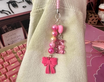Pink Bow Beaded Phone Charm – Cute Kawaii Accessory for iPhone, Pastel Aesthetic, Girly Keychain, Y2K Bag Charm, Handmade Gift