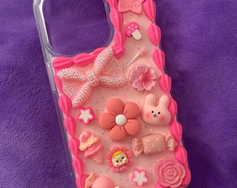 Kawaii Pink Decoden Phone 15 Pro Case | Handmade Cute Cabochon Bling Case | Whimsical Soft Aesthetic