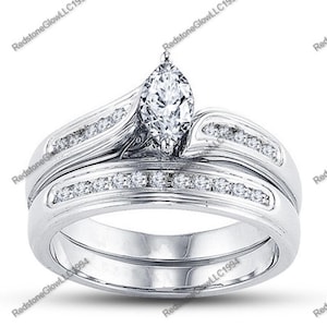 Bridal Engagement Sets, 2 Carat Marquise Cut Cubic Zirconia With Channel Set 925 Sterling Silver, Promise Wedding Rings, Promise Band Rings