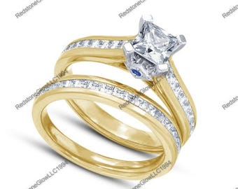 Solitaire 14K Gold Plated Engagement Wedding Set, Princess Cut Simulated Diamond Wedding Anniversary Eternity Band Rings, Women&#39;s Gift Idea