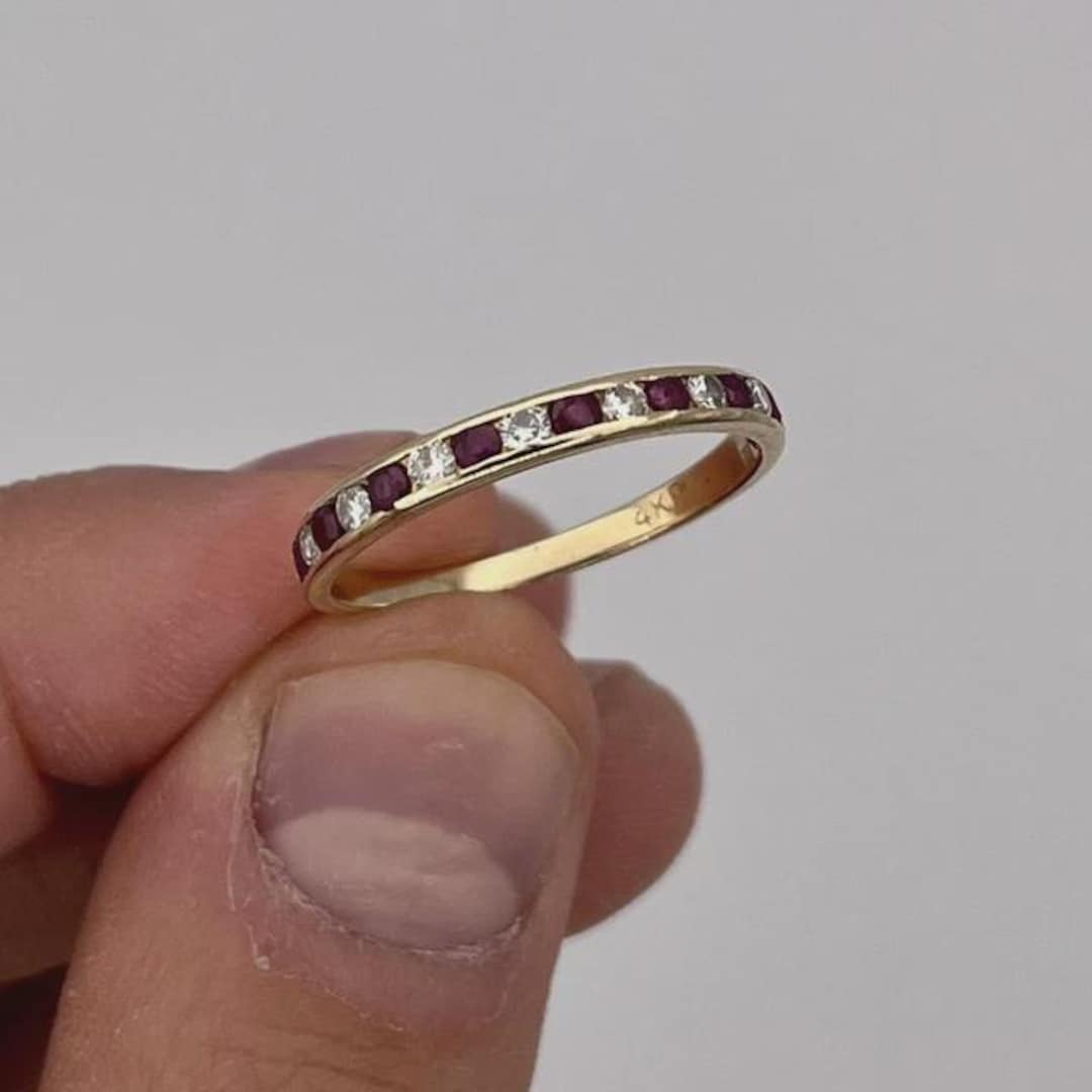 14k Yellow Gold Plated Ruby and Diamond Wedding Band - Etsy