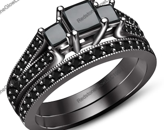 Wedding Ring Sets, 2Ct Princess Cut Black Diamond Wedding Bridal Ring Sets,14k Black Gold Plated Engagement Rings
