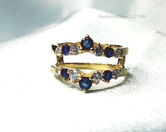 Anillo realzador de zafiro y diamantes, alianza de boda chapada en oro amarillo de 14k