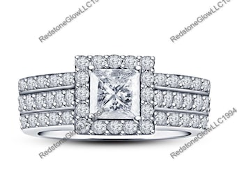 Princess Cut Moissanite Halo Engagement Ring Set, 925 Silver Wedding