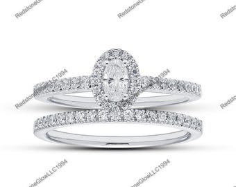 1.50 Ct Moissanite Engagement Ring Set, Oval Cut Halo Moissanite, Sterling Silver Wedding Ring Sets, Bridal Sets, Mothers Day Gift