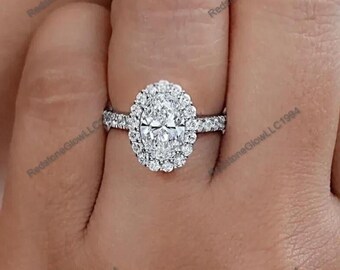 Anel de moissanita com corte oval de 3 quilates, lindo anel de noivado, anel de noivado halo, anel solitário, banhado a ouro branco 14K, presentes para pedidos de casamento