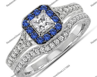 Princess Cut Wedding Set, Sapphire & Cubic Zirconia Engagement Ring, Prong Bridal Set, 925 Sterling Silver Wedding Rings, Mothers Day Rings