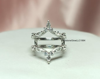 Protector de anillo con realce de moissanita talla marquesa, plata 925, chapado en oro blanco