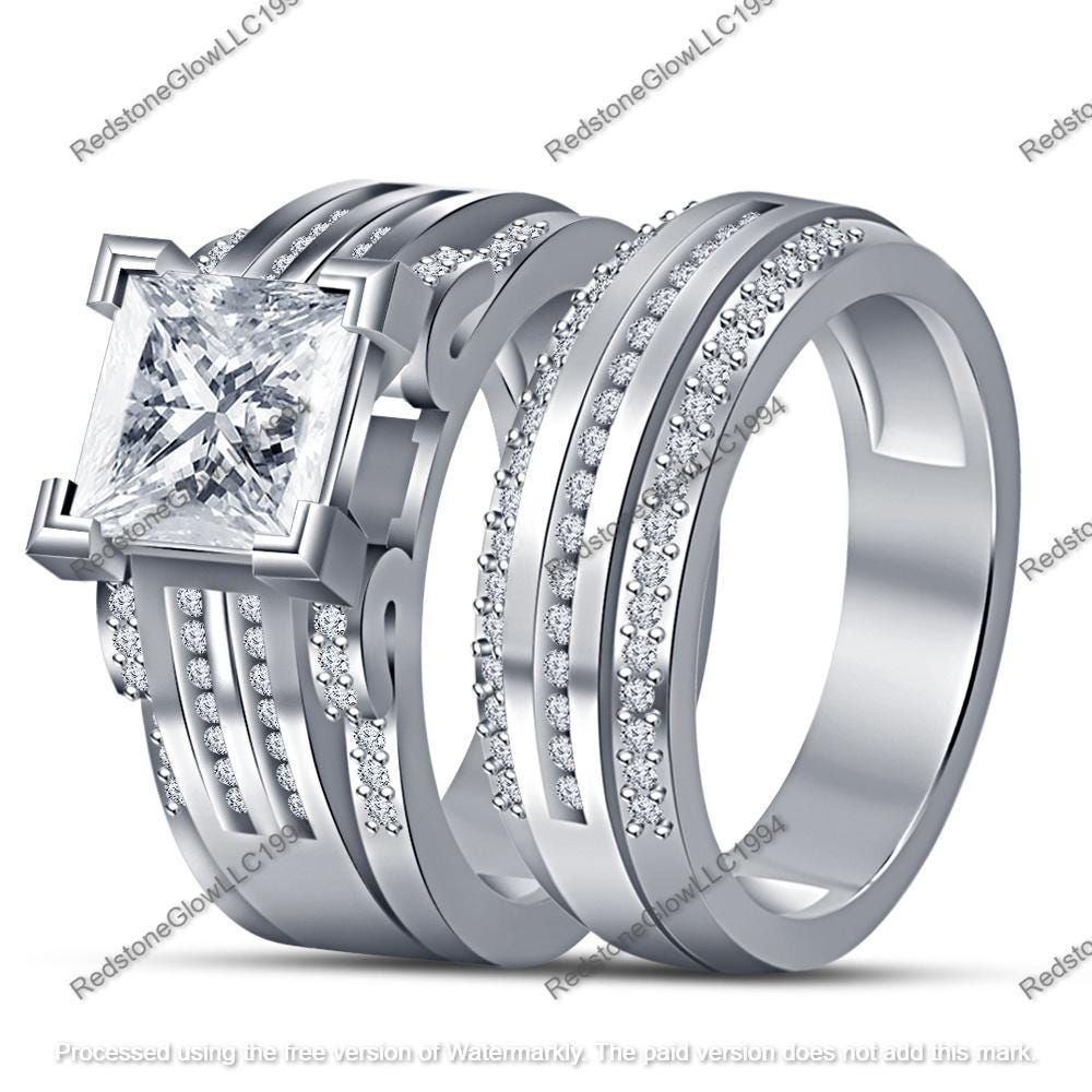 Bridal Ring Sets, 3.00ct Princess Cut Engagement Ring, 2 Ring Set, Promise Ring Anniversary Silver Ring Set Gift for Her Channel Band