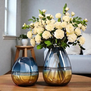 Jarrón de vidrio soplado a mano: degradado de azul a ámbar, centro de mesa floral decorativo moderno