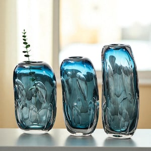 Blue Wave Glass Vase Sculptural Modern Accent in Tall Medium or Wide