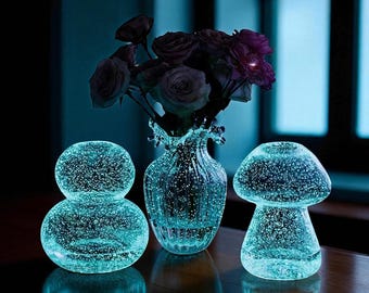 Jarrón de vidrio luminoso con diseño de burbujas o ondas en forma de hongo