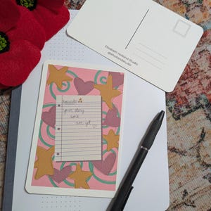 Herinnering: je verhaal is nog niet voorbij Ansichtkaart-briefkaart, kaart, aanmoediging, liefde sturen, slakkenpost, blije post, kunst aan de muur, handgetekend, kunst