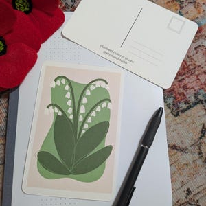 Postal de lirio de los valles - Postal floral, Tarjeta, Flores, Lirio, Envío de amor, Correo postal, Correo feliz, Dibujado a mano, Cumpleaños