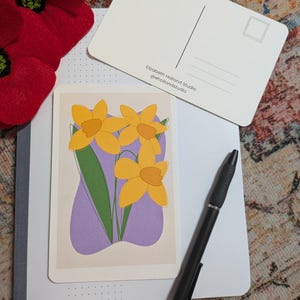 Cartão postal de narciso-cartão postal de flores, desenhado à mão, arte, arte de parede, cartão de aniversário, floral, flores amarelas, correio tradicional, correio feliz