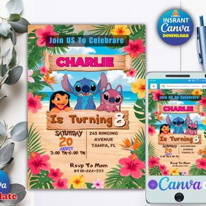 Editable Stitch Birthday Invitation, Printable Stitch Party Template, Girl's Birthday Invite, Instant Download, Canva Editable Invitation