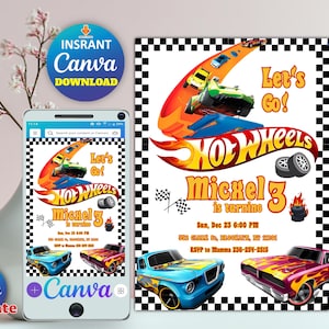 Invitación de ruedas de autos calientes, invitación de cumpleaños de autos de carrera, invitación de cumpleaños digital de Hot Wheels, plantilla de invitación de Hot Wheels