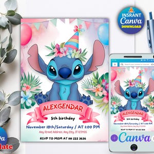 Stitch Birthday Invitation Editable Template, Digital Kids Party Invite, Printable Evite, Instant Download, Editable in Canva
