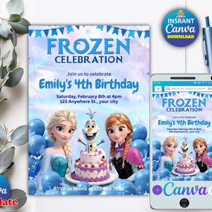 Bearbeitbare Gefrorene Geburtstagseinladung, Elsa Eisprinzessin Party Einladen Vorlage, Canva Sofort-Download, druckbare Mädchen-Geburtstagskarte