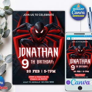 Modello modificabile per invito di compleanno di Miles Morales, inviti stampabili per feste di compleanno, invito digitale per feste di compleanno