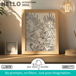 May include: A framed black and white illustration with the text "HELLO INTERESTING SOUL". The artwork features a detailed, whimsical drawing of a fantastical landscape. The frame is light-colored wood. The text "the next stroke" and "No prompts, no filters. Just pure imagination." are also visible.