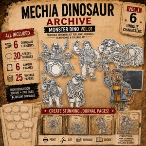 Puede incluir: Un kit de efímeros digitales titulado Mechia Dinosaur Archive que incluye seis personajes dinosaurios, treinta burbujas de diálogo, seis marcos de diseño y veinticinco papeles vintage. Los gráficos incluyen un dinosaurio baterista, un cantante y un guitarrista.