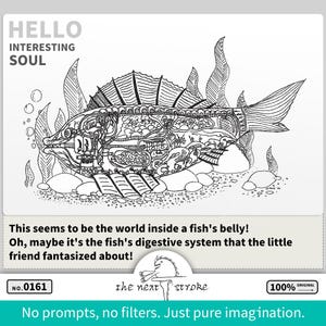 May include: Black and white line drawing of a fish with intricate internal details, surrounded by seaweed and rocks. Text at the top reads "HELLO INTERESTING SOUL." The image includes the text "This seems to be the world inside a fish's belly!" and "No prompts, no filters. Just pure imagination."