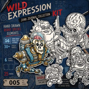 Pode incluir: Um kit Wild Expression Junk Journal Collection com elementos de espécies de robôs desenhados à mão. O kit inclui 16 elementos de robôs, mais de 30 balões de fala, 6 molduras de layout e 25 papéis. O design exibe várias ilustrações de robôs em preto e branco e coloridas sobre um fundo azul com linhas de grade técnicas.
