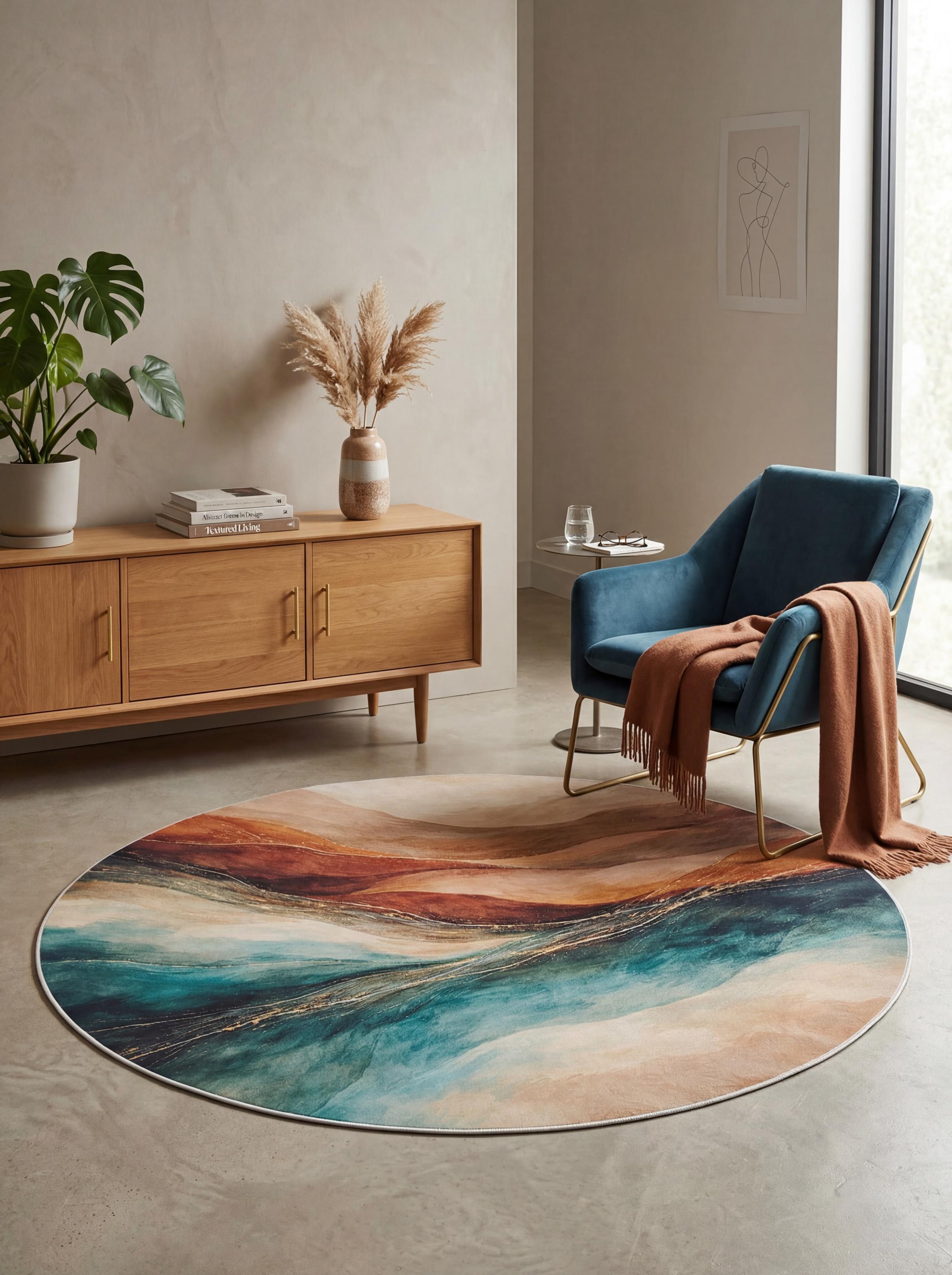 Abstract Ocean Waves Landscape Round Rug | Teal Brown Neutral Coastal ...