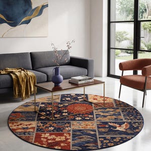 Japanese Patchwork Chrysanthemum Crane Round Rug | Floral Wave Pattern