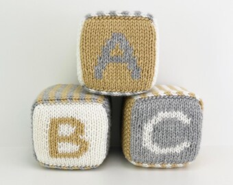 Set of Three Knitted Blocks- Light Yellow, Gray and White