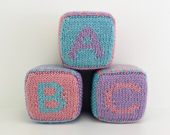 Set of Three Knitted Blocks- Light Blue, Pink and Purple