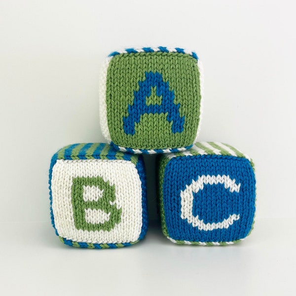 Set of Three Knitted Blocks- Green, Blue and White