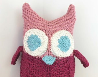 Large Hand Knit Owl- Pinks and teal