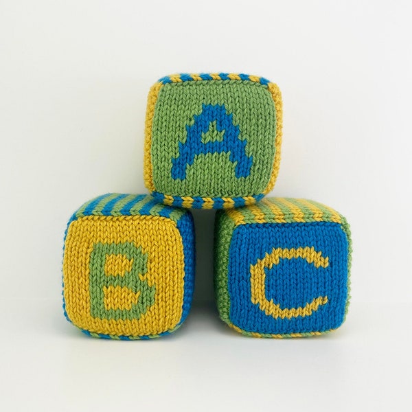 Set of Three Knitted Blocks- Green, Blue and Yellow