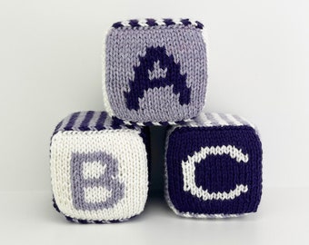 Set of Three Knitted Blocks- Purples and White