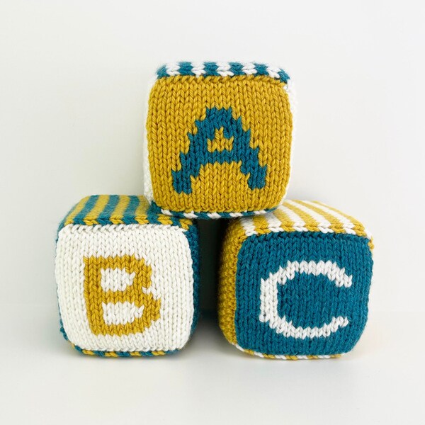 Set of Three Knitted Blocks- Teal, Yellow and White