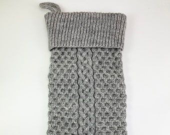 Hand Knit Wool Stocking- Gray Cables